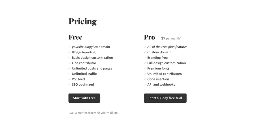 Pricing Table section on Bloggi section design
