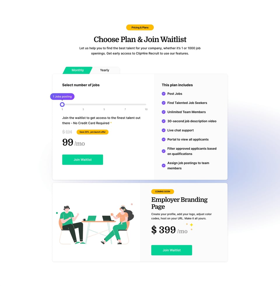 Pricing Table section on ClipHire Recruit section design