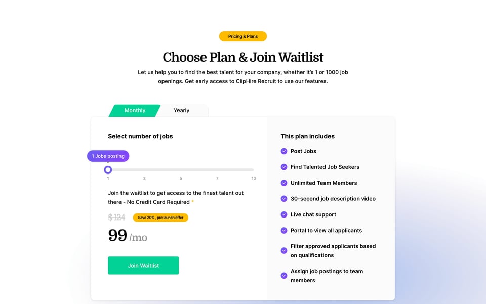 Pricing Slider section on ClipHire Recruit section design