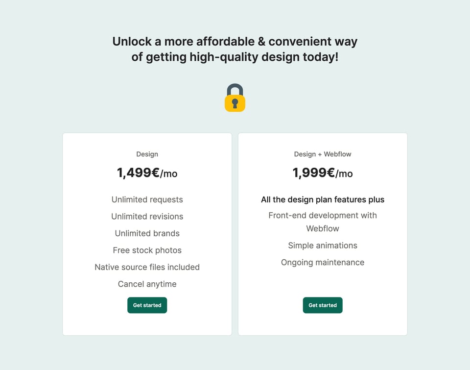 Pricing Table section on Designwiz section design