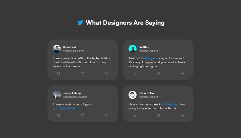 Testimonial Tweets section on Prototyper for Figma section design