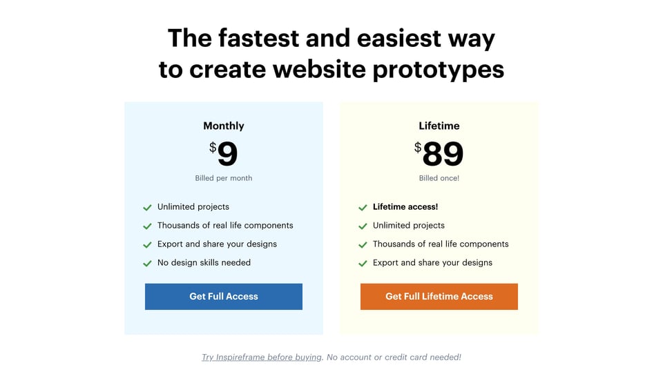 Pricing Table section on Inspireframe section design