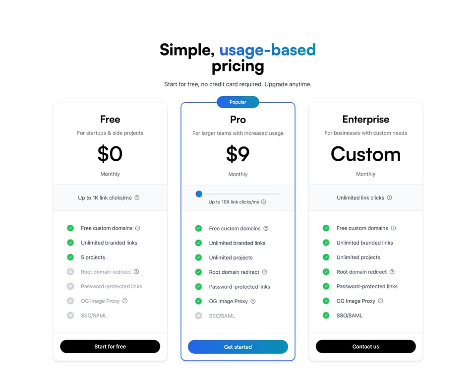 Pricing Table section on Dub section design