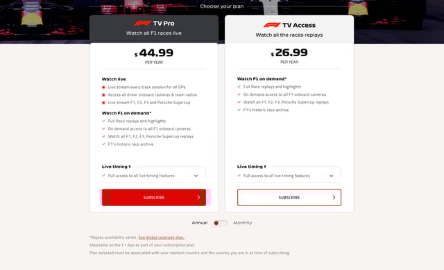 Stream Formula 1 Pricing Table Preview