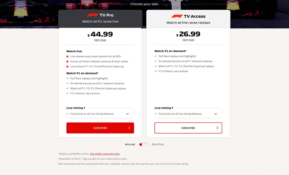 Pricing Table section on Stream Formula 1 section design