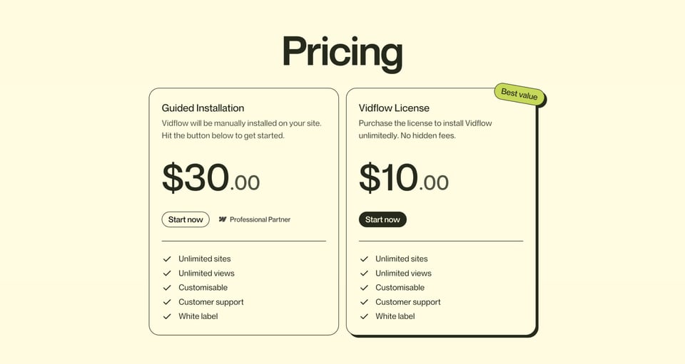 Pricing Table section on Vidflow section design