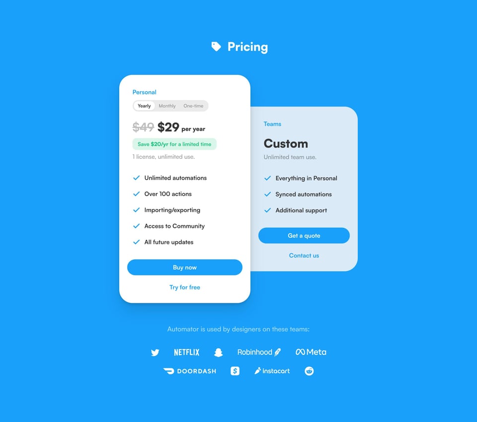 Pricing Table section on Automator for Figma section design
