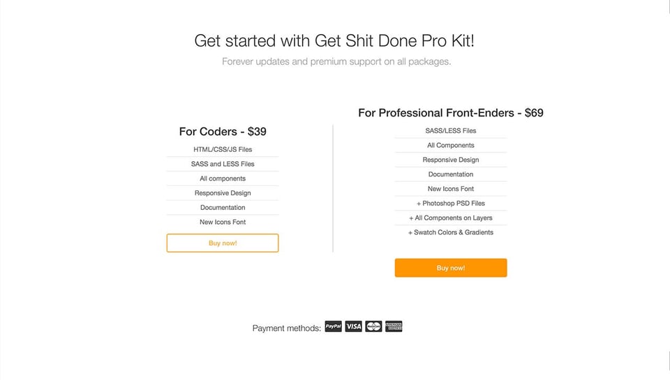 Pricing Table section on Get Shit Done Kit Pro section design