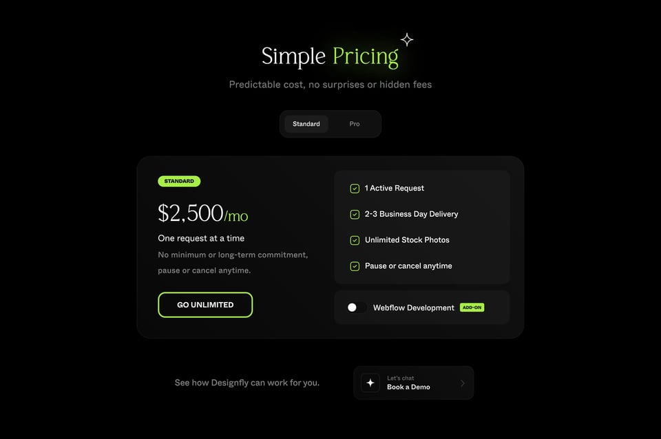 Pricing Table section on Designfly section design