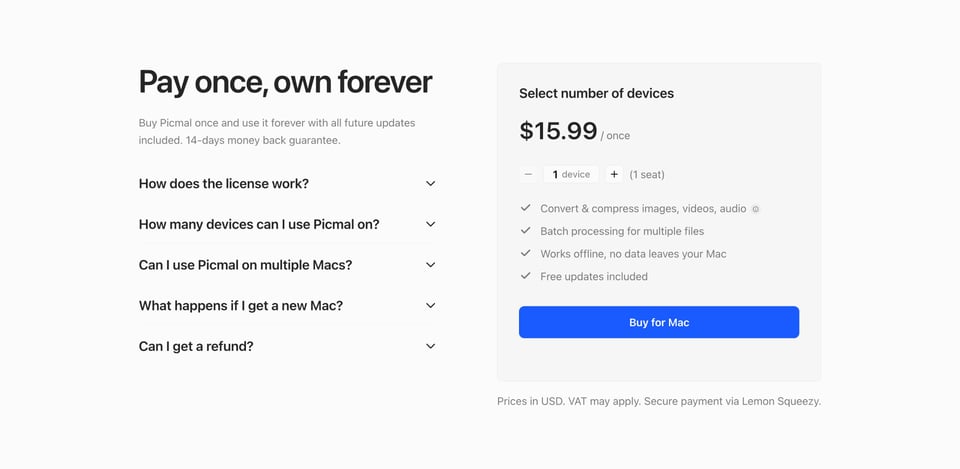Pricing Table section on Picmal section design