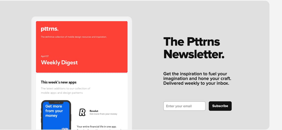 Newsletter section on Pttrns section design