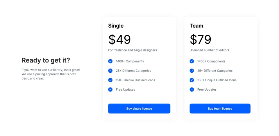 Pricing Table section on Frames System section design