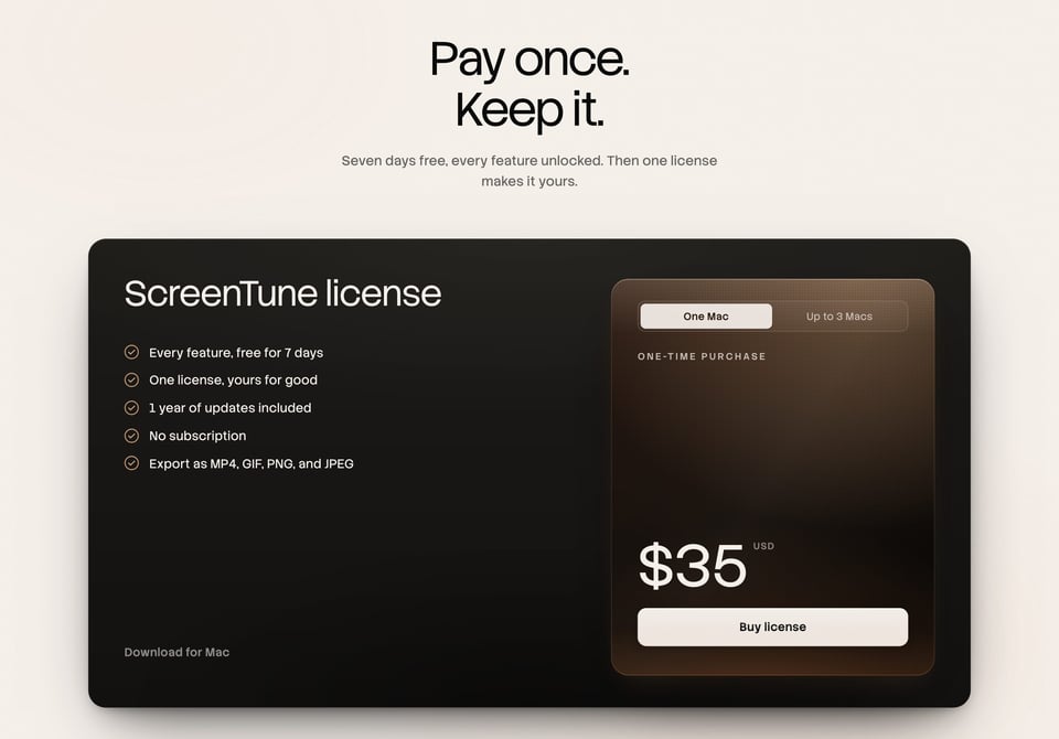 Pricing Table section on ScreenTune section design