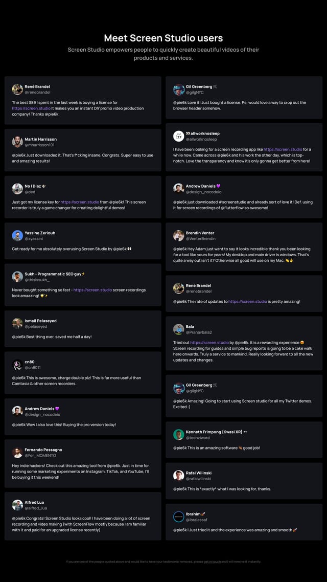 Screen Studio Testimonial Tweets Preview