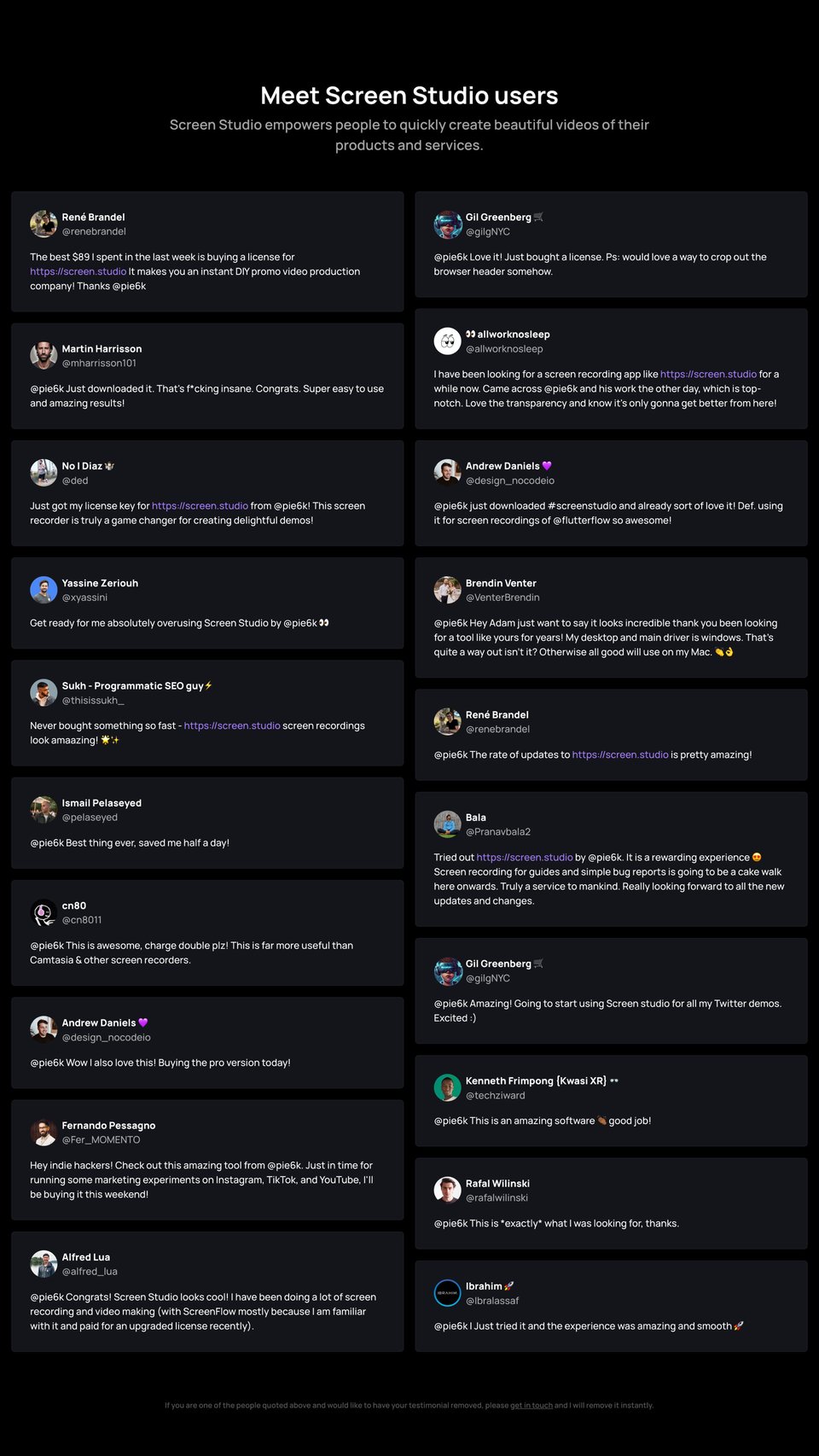 Testimonial Tweets section on Screen Studio section design