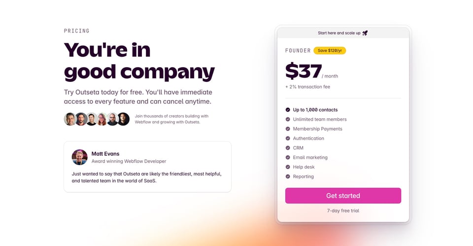 Pricing Table section on Outseta – Memberstack alternative section design