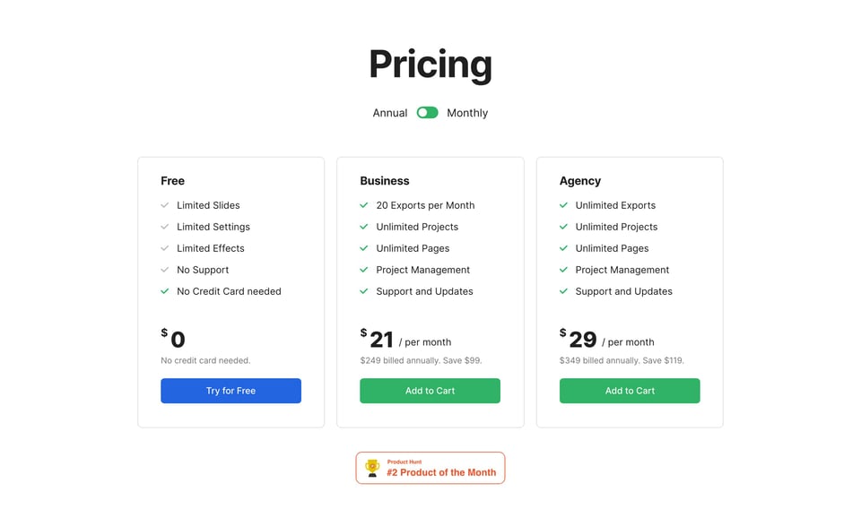 Pricing Table section on Designmodo Slides section design