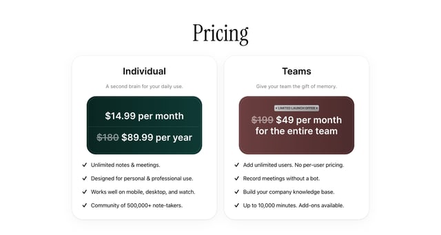 Voice Notes Pricing Table Preview