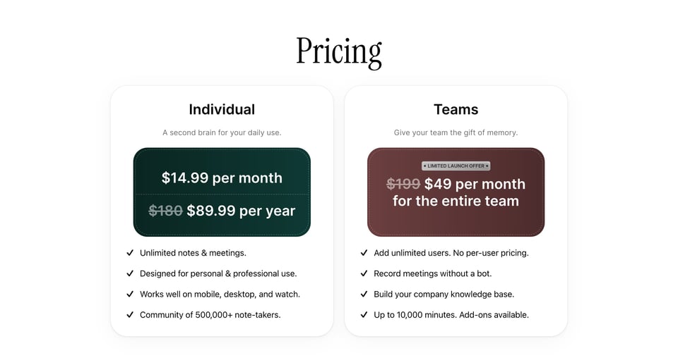 Pricing Table section on Voice Notes section design