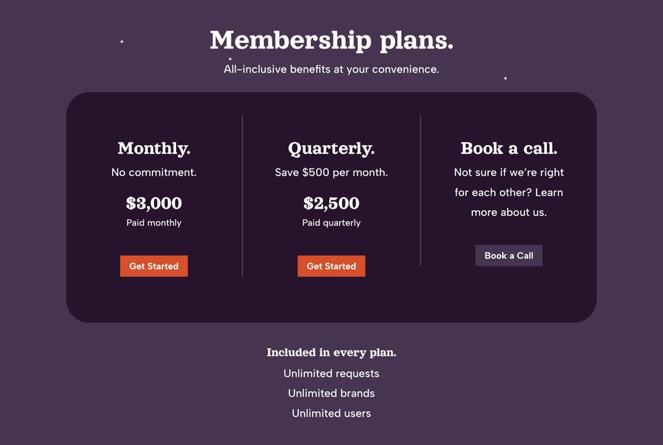 Pricing Table section on Peachweb section design