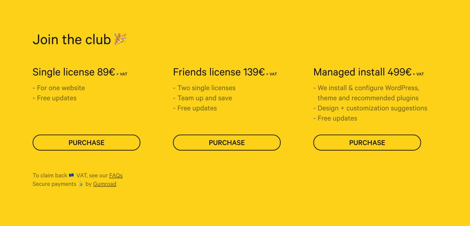 Pricing Table section on Invisible Folio section design
