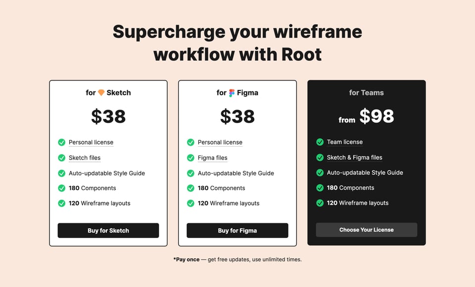 Pricing Table section on Root UI Kit section design
