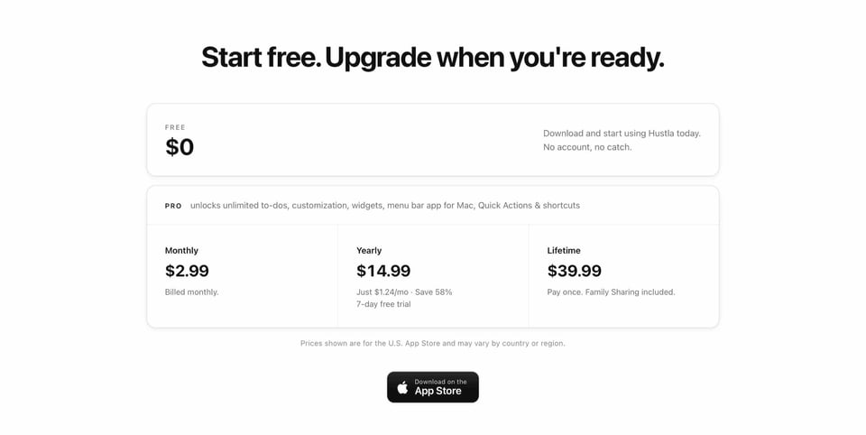 Pricing Table section on Hustla section design