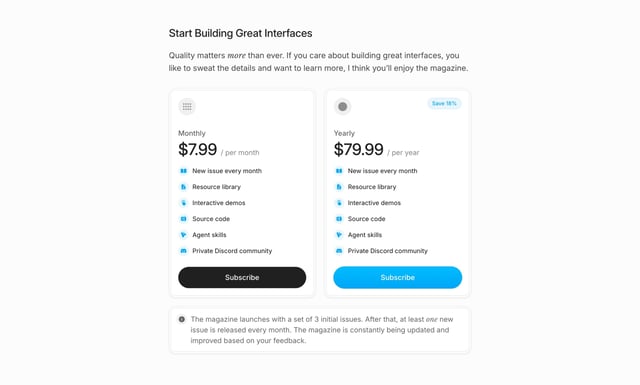 Interfaces Magazine Pricing Table Section