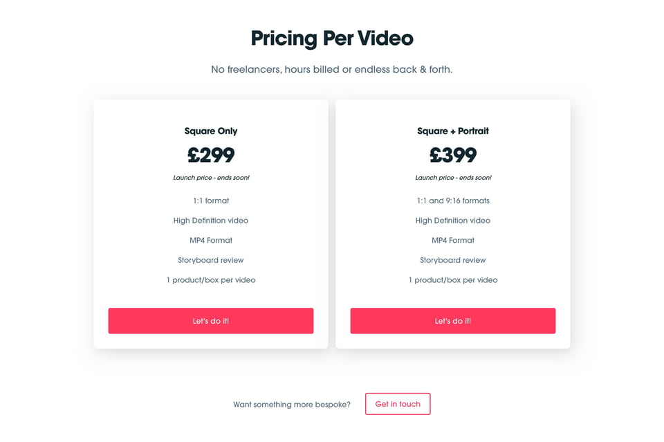 Pricing Table section on Unboxshot section design