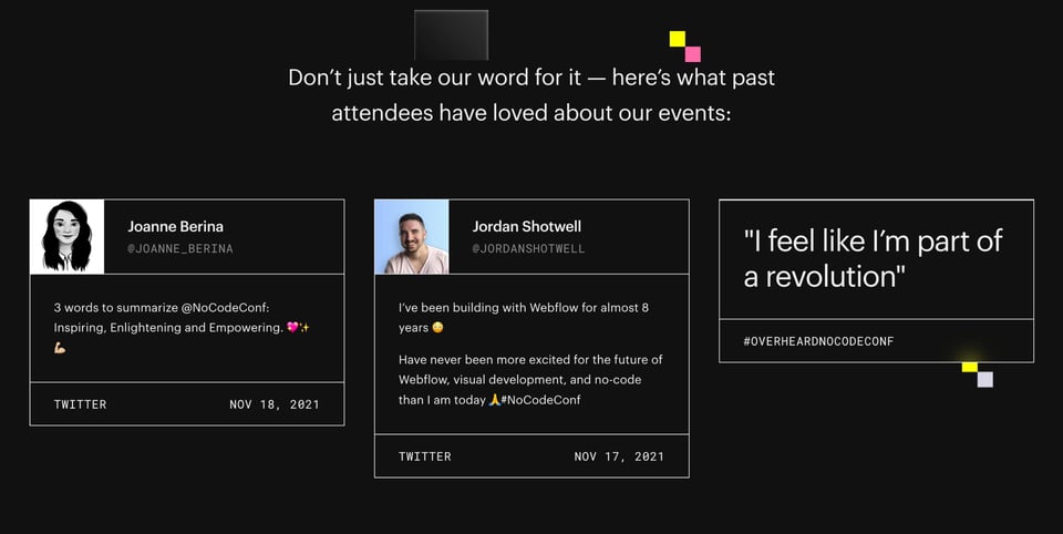 Testimonial Tweets section on Webflow Conf 2022 section design