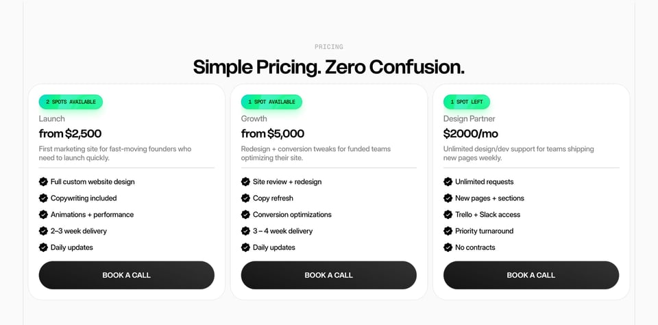 Pricing Table section on Studio Nika section design