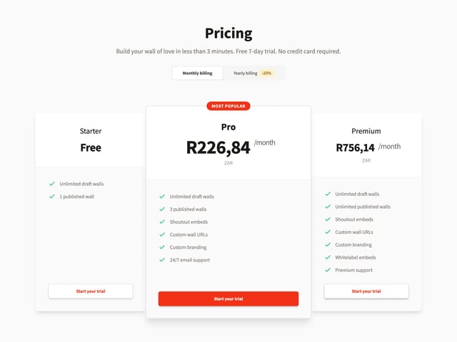 Shoutout Pricing Table Preview