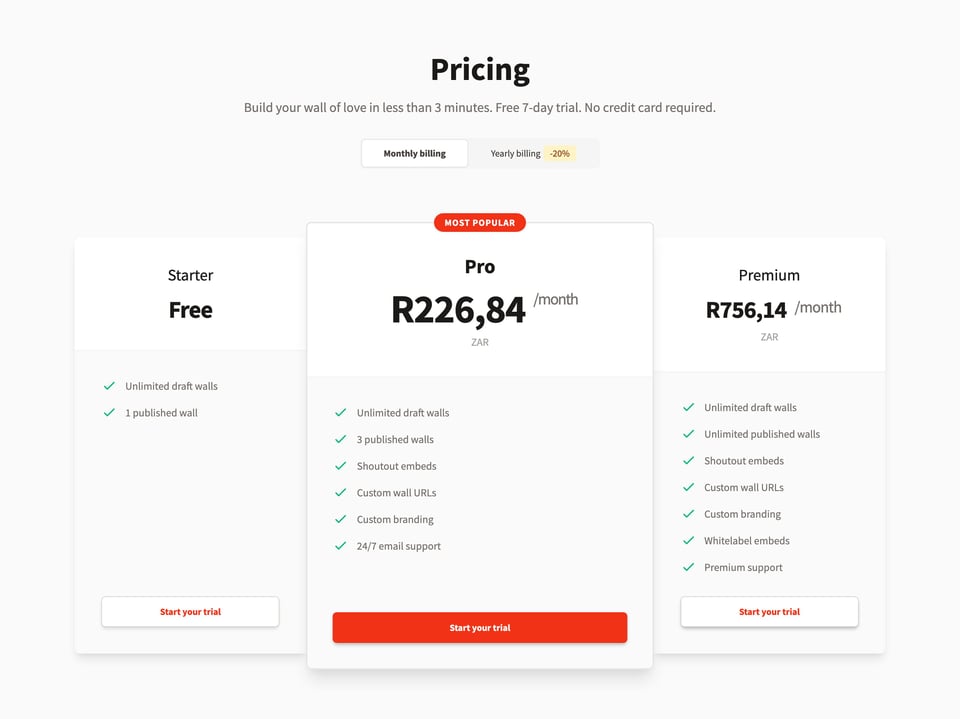 Pricing Table section on Shoutout section design