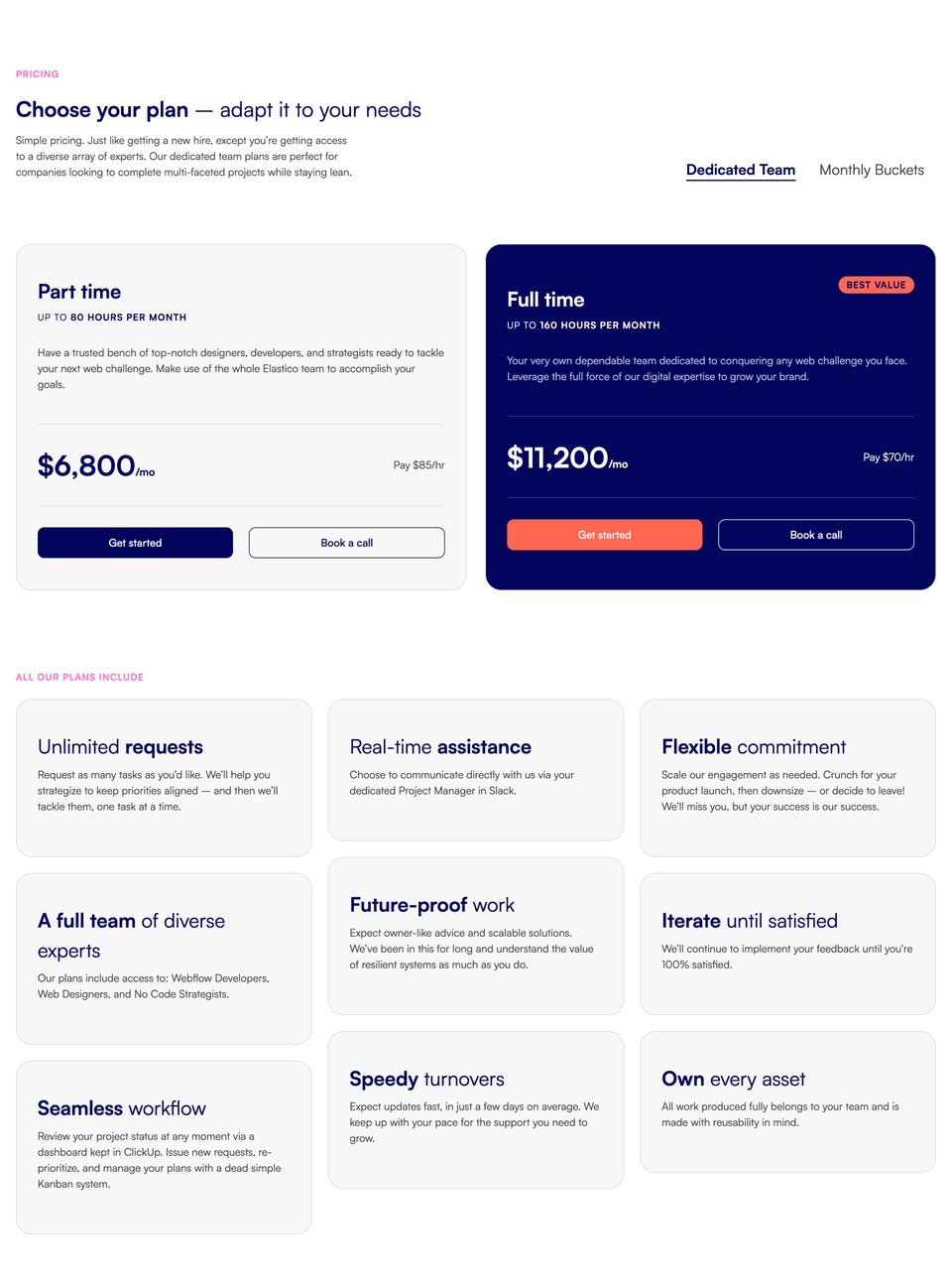 Pricing Table section on Elastico section design