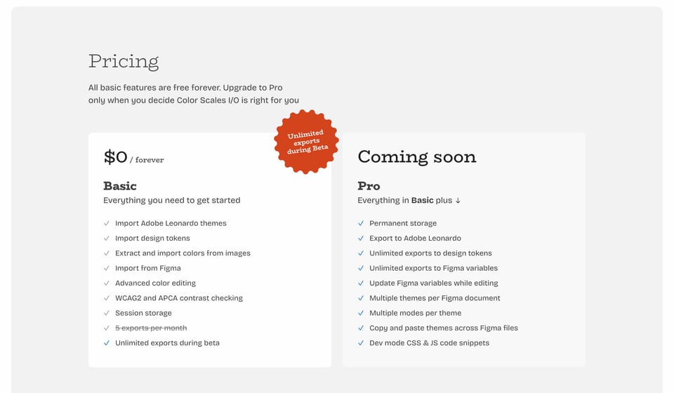 Pricing Table section on Color Scales I/O section design