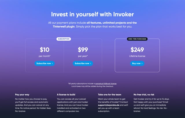 Invoker Pricing Table Preview