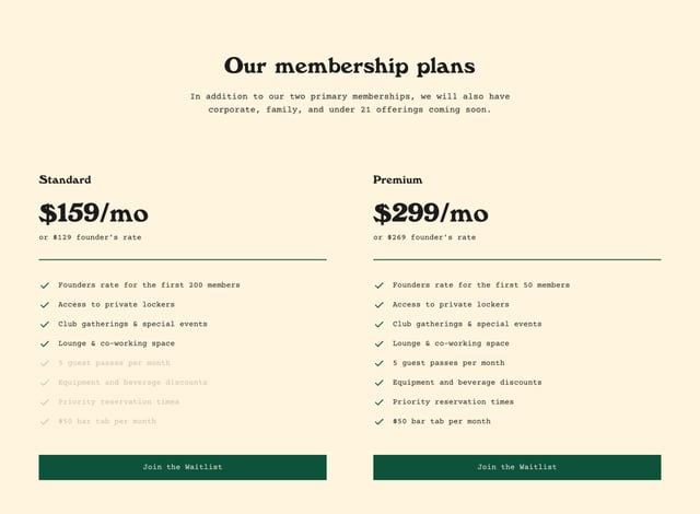 Eastside Paddle Club Pricing Table Preview
