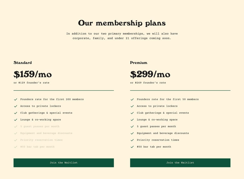 Pricing Table section on Eastside Paddle Club section design