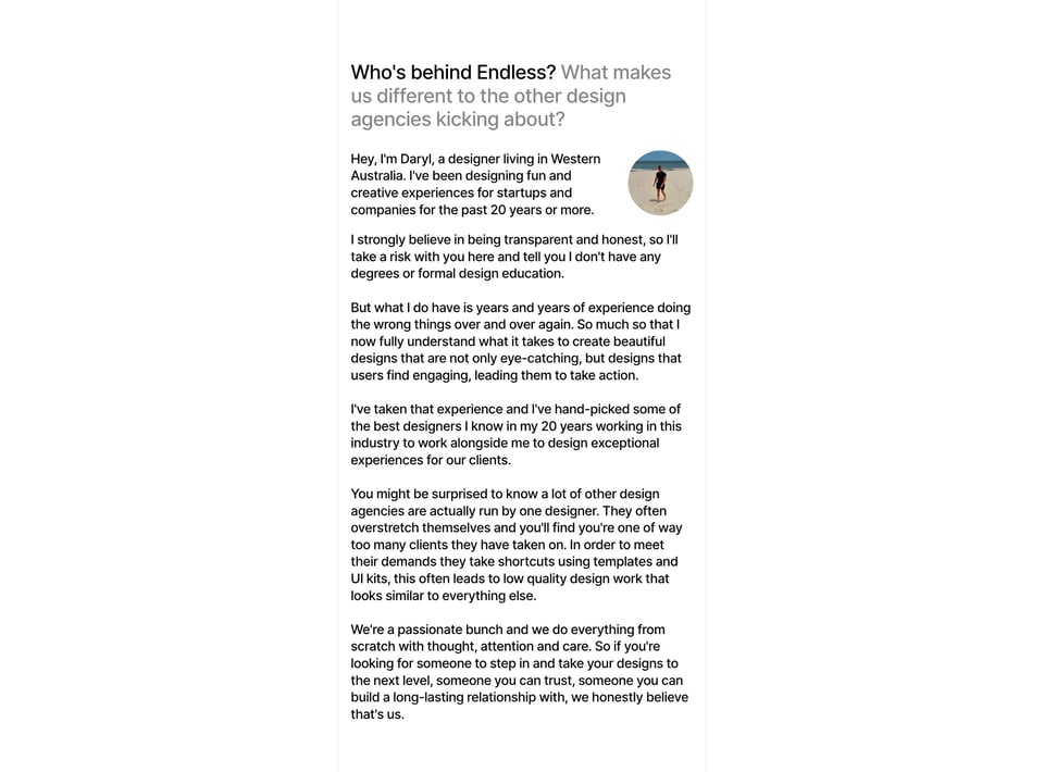 Biography section on Endless section design