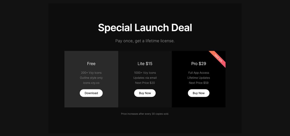 Pricing Table section on Vzy Icons section design