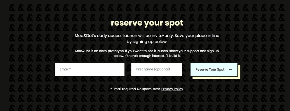 Waitlist or Beta Sign Up section on mod&dot section design