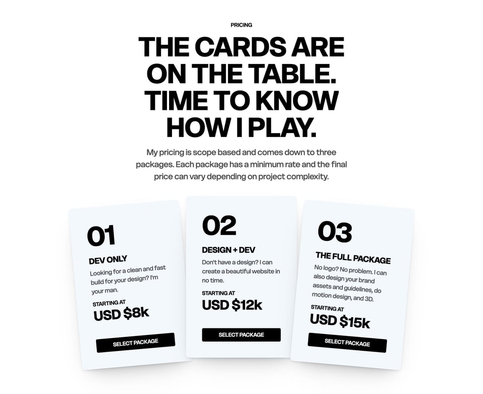 Pricing Table section on Diego Toda de Oliveira section design