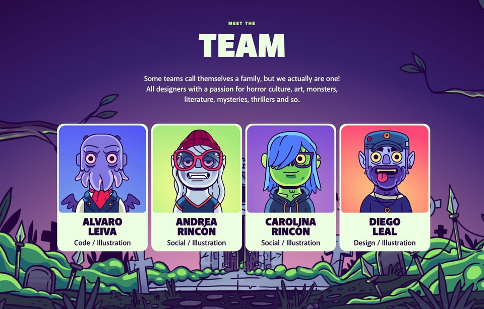 Team section on Crypt-o Monsters section design