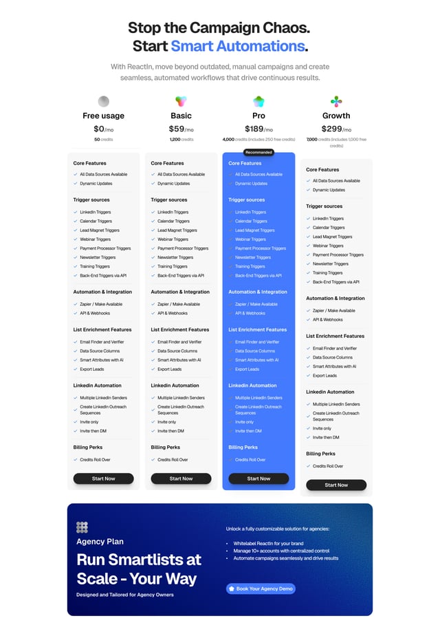 Reactin Pricing Table Preview