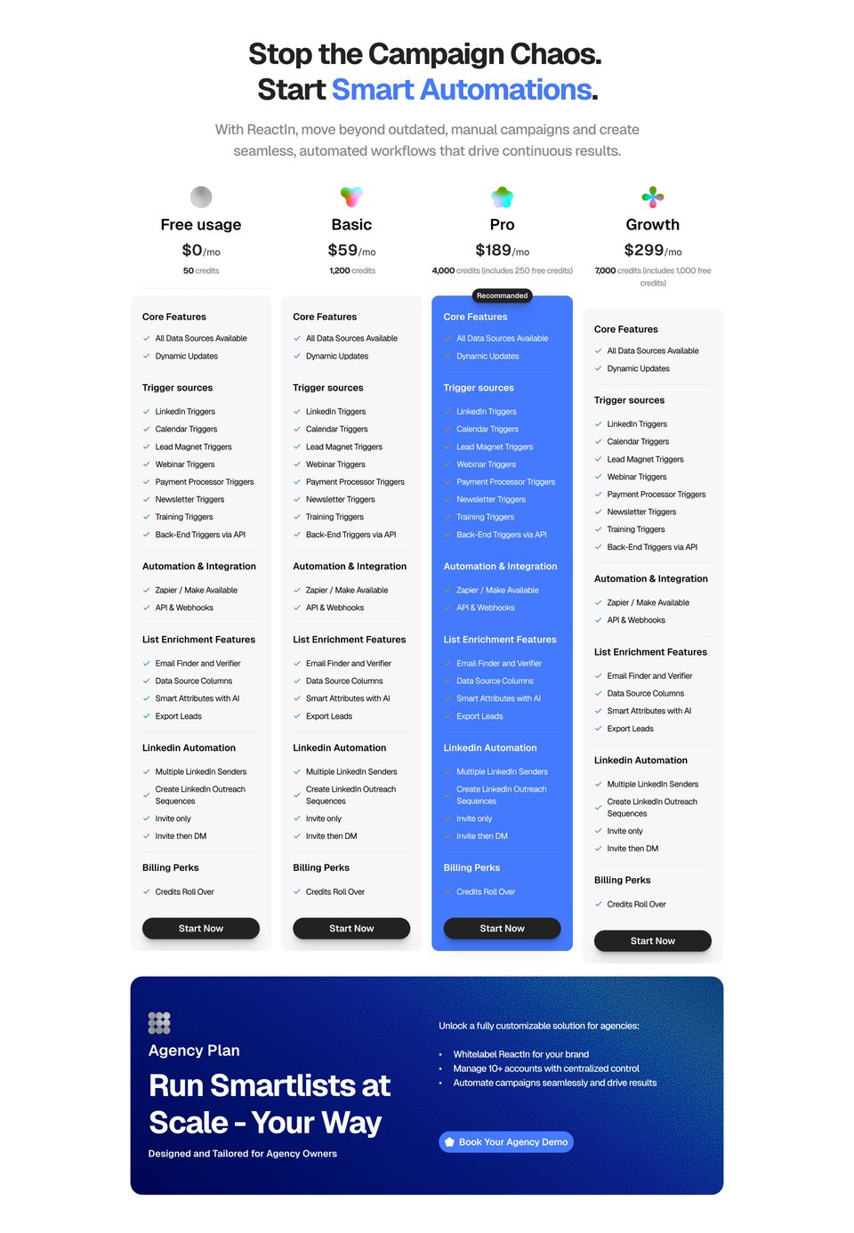 Pricing Table section on Reactin section design