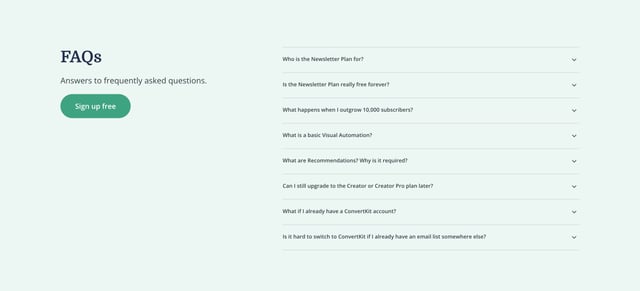Convert Kit – Newsletter Plan FAQ Accordion Preview