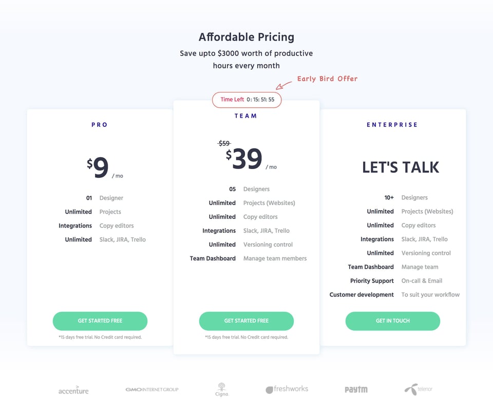 Pricing Table section on Visual Inspector Scribble section design