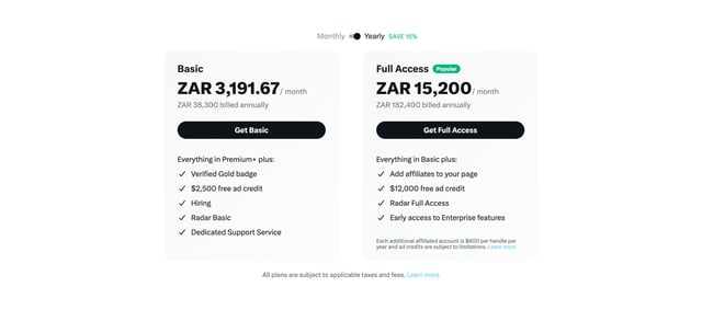X Organizations Pricing Table Preview