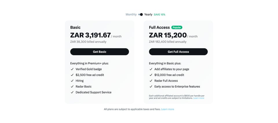 Pricing Table section on X Organizations section design