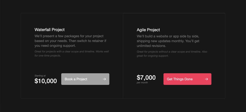 Pricing Table section on Made by Porter section design